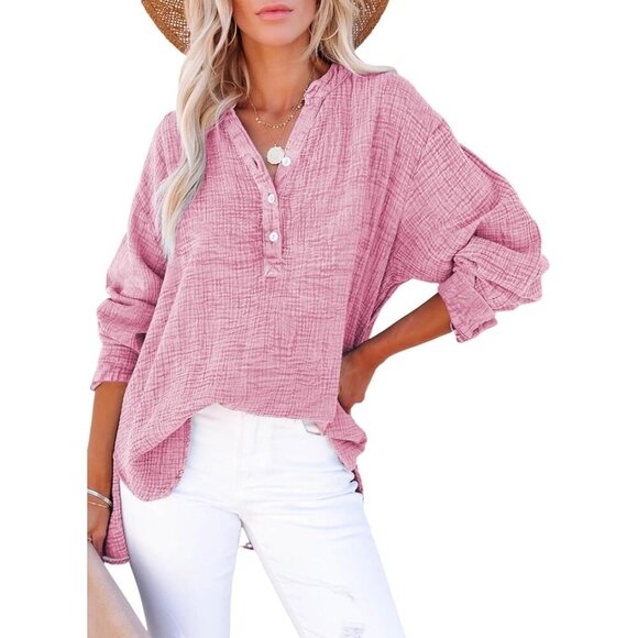 Tops - Women's Cotton V Neck Button Long Sleeve Blouse Oversized Casual Top